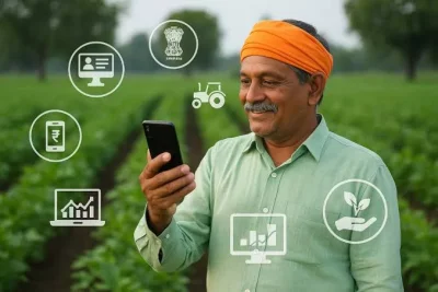 Farmer using smartphone in a green field with smart farming technology icons